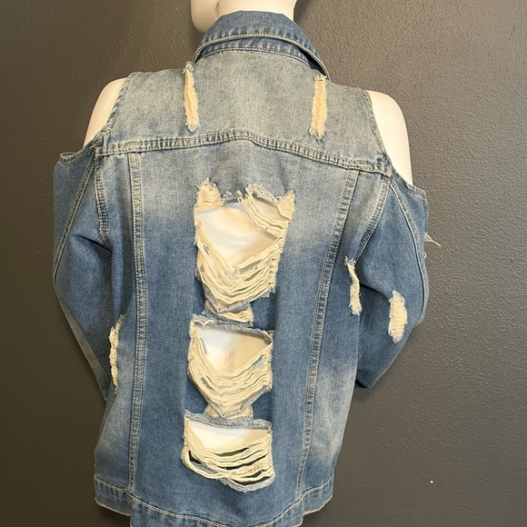 Distressed Denim Jacket Cutout Shoulder Sz Medium - Picture 7 of 9